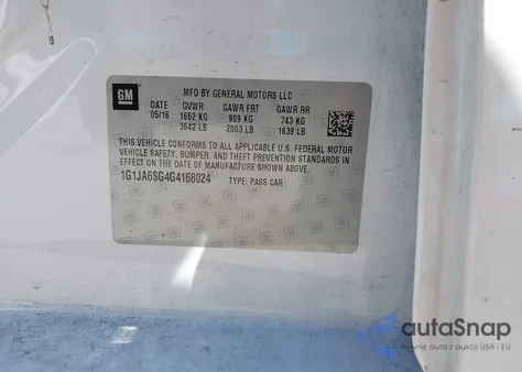 2016 Chevrolet Sonic Ls Auto из США, поврежденный, VIN 1G1JA6SG4G4168024